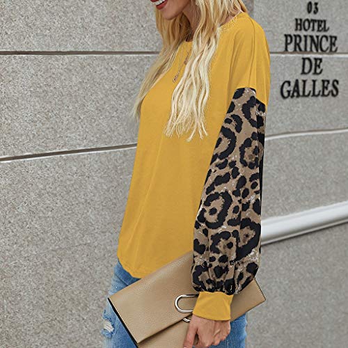 YAnGSale Top Womens Leopard Blouse Casual Loose Sweatshirt Patchwork Pullover Long Sleeve Shirt O-Neck Tee Tops (Yellow, L)