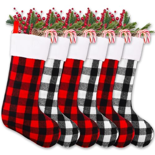YUJUN-6-Pack-22-Inches-Christmas-Stockings-Xmas-Large-Black-Red-Buffalo-Plaid-Hanging-Stockings-Decorations-for-Christmas-Tree-Fireplace-Family-Holiday-Party-Decor-RedWhite YUJUN 6 Pack 22 Inches Christmas Stockings Xmas Large Black Red Buffalo Plaid Hanging Stockings Decorations for Christmas Tree Fireplace Family Holiday Party Decor RedWhite