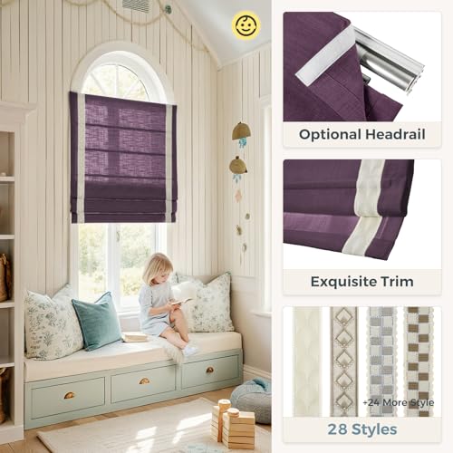 Image of TWOPAGES Liz No Drill Cordless Roman Shades Linen Textured Roman Blinds for Windows, Custom Made Room Darkening Blackout Roman Window Shades, Hardware Included, Plum, 1 Piece