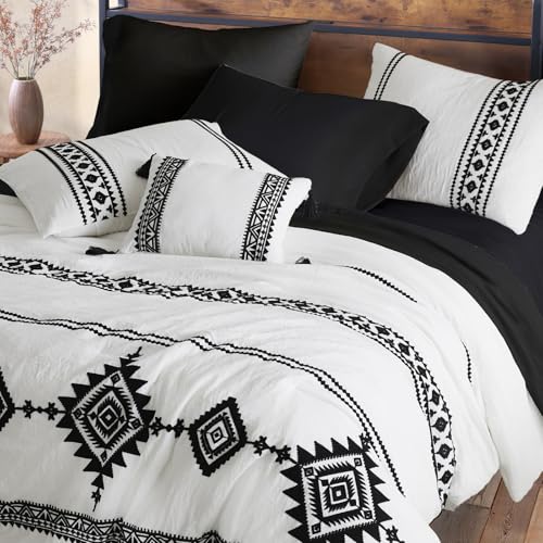 Image of MaiReve Embroidery Queen Comforter Set 7 Pieces White Western Bed in a Bag
