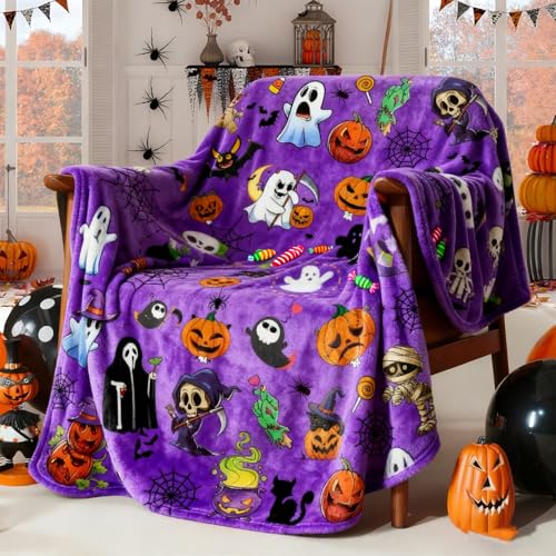 Halloween Throw Blanket 60' x 50' - Soft Flannel Ghost Blanket, Cozy Plush for Couch, Sofa & Bed, Fall Winter Decor, for Kids & Adults (Purple)