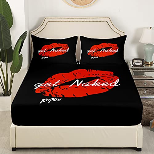 Sexy Red Lips Fitted Sheet & Pillow Sham Set Get Naked Bedding Set For Couple Lover Men Women Funny Quotes Bed Sheet Set Modern Stylish Black Red White Bed Cover No Flat Sheet Room Decor Queen Size #TOP2