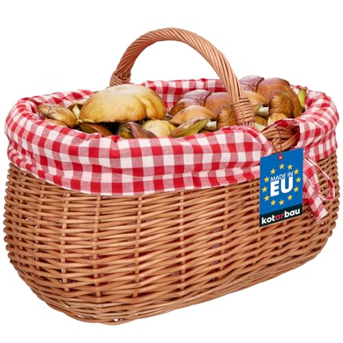 KOTARBAU® Cestino da picnic in vimini, 46 cm, colore naturale, con inserto in tessuto a quadretti rosso, cesto regalo vuoto, cestino da picnic, cestino per funghi, ovale