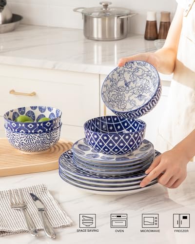 Sweejar Home Ceramic Dinnerware Sets for 4, 12 Pieces Porcelain Plates and Bowls Set, Classic Modern Simple Kitchen Dinner Dining Ware Set, Dishwasher and Microwave Safe Dishes Sets(Cobalt Blue) - Image 3