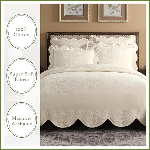 Charleston Estate Modern Farmhouse Floral Matelasse Decorative Pillowcase with Scalloped Edges, 100% Cotton Breathable Bedding, Euro Sham (26" x 26"), Ivory Floral