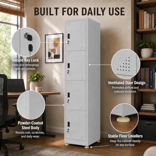 Image of Amazon Brand - Solimo 4 Door Steel Locker | Secure Metal Storage for Equipment, Uniforms, Documents & Personal Items | Multi-Purpose Vertical Cabinet for Gym, School, Office Powder Coated Light Grey