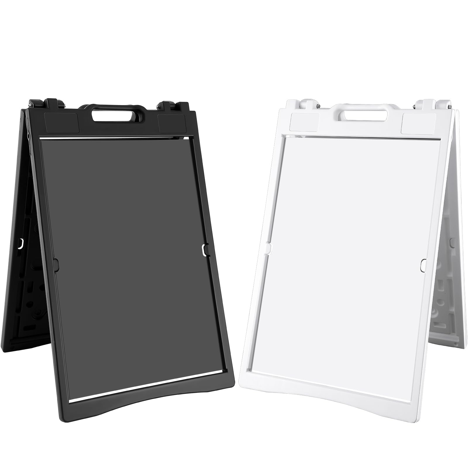 PerKoop 2 Pack A Frame Sidewalk Sign Plastic Sandwich Board 26.7 x 42.5 Inches Portable Folding Store Poster Stand Black and White Double Sided Curb Advertising Display