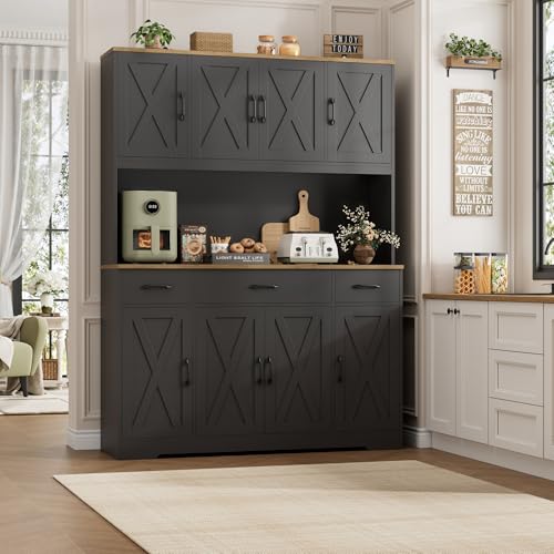 Image of HOSTACK 71 inch Tall Kitchen Pantry Storage Cabinet, 55 inch W Kitchen Hutch, Black | Large Pantry Cabinet with Charging Station / Countertop / 3 Drawers, Farmhouse Hutch Cabinet with Storage for Dining Room