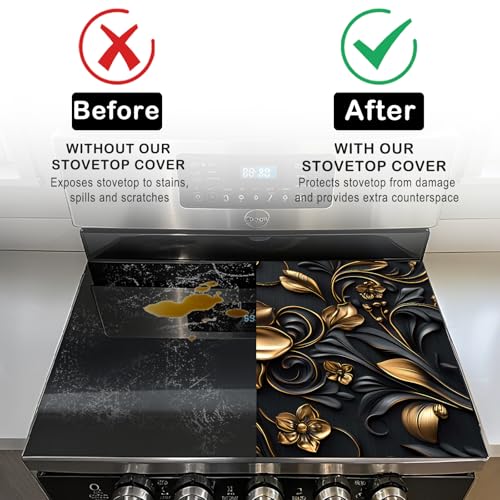 Image of Nuxovilar Black Gold Flower Stove Cover Diatom Mud 20.47x28.34 In | Glass Protector Countertop Mat Counter Saver Cooktop Cover Kitchen Cooking Area Home (Black Gold Floral)