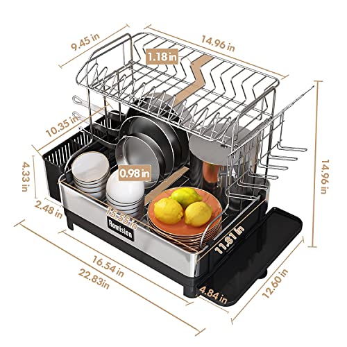 Romision Dish Rack And Drainboard Set, 304 Stainless Steel 2 Tier Large Dish Drying Rack With Swivel Spout, Dish Strainer For Kitchen Counter With Utensil Holder, Cup Rack, Water Tray #TOP5