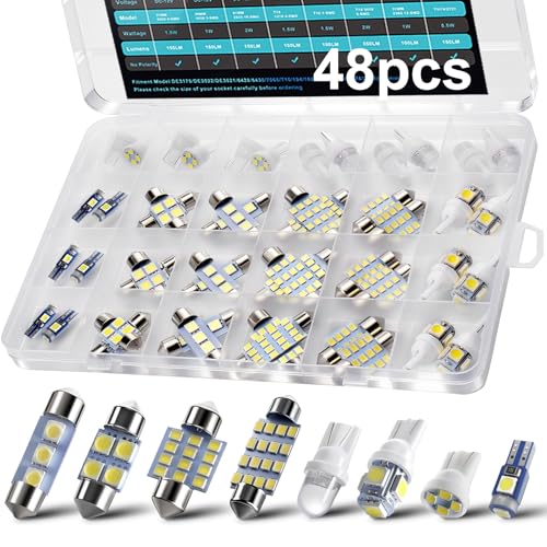 48Pcs Led Interior Car Lights Kit, Premium Bright White Led Bulb (194 T10 T5 De3175 W5W 2825 578 168) | Dome Map Dash Door License Plate Tail Light Bulbs, Interior Lights for Cars, Trucks, Rv, Boat