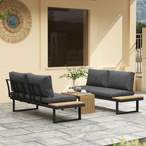 Outsunny 3 Pieces Sectional Patio Furniture Set with 2 Loveseats, L Shaped Aluminum Outdoor Sofa Set with Removable Backs, Wood-Plastic Coffee Table, Thick Cushions, Charcoal Grey - Image 3