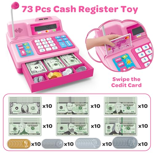 Image of BAODLON Calculator Cash Register - 103 Pcs Pink Toy Cash Register, Microphone, Credit Card and Banking for Kids, Early Math Skills Toys Gifts for 3, 4, 5, 6 7 8+ Years Old Boys Girls