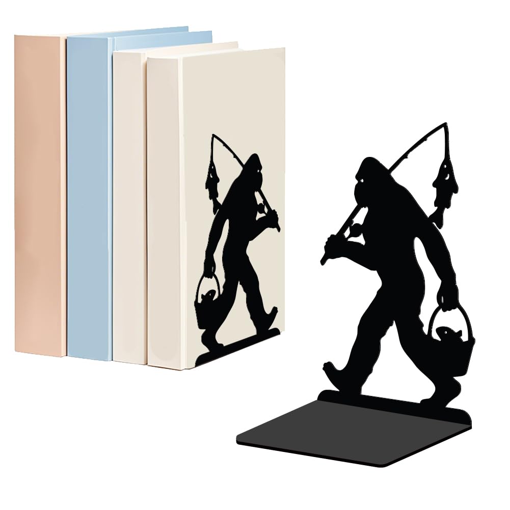WADORN 1 Pair Bigfoot Fishing Metal Decorative Bookend for Shelves, Heavy Duty Book Ends Modern Non-Skid Books Holder Stand Black Book Support Stoppers for Desk Bookshelf Office Home, 5.3x4.3x7.9 Inch — image 1