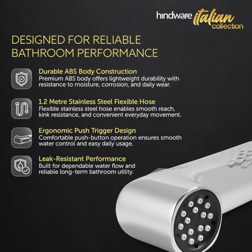 Image of Hindware ABS Health Faucet with 1.2m SS Flexible Hose | Durable ABS Body | Ergonomic Jet Spray with Smooth Trigger | Corrosion-Resistant Hose | for Personal Hygiene & Toilet Cleaning