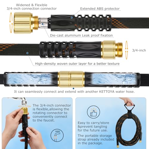 KETTOYA Non-Expanding Garden Hose 100 ft, Kink Free Flexible Water Hose with 10-Pattern Spray Nozzle, Lightweight Hose Pipe, Leak Proof, 3/4" Swivel Connectors, Super Fabric, Portable Storage Strap by KETTOYA - Image 7