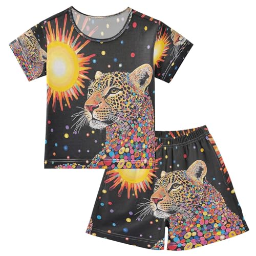 ALAZA Sun Leopard Polka Dot Pajamas Set Short Sleeve Cotton Sleepwear Summer Pjs 2 Piece 5-14Y