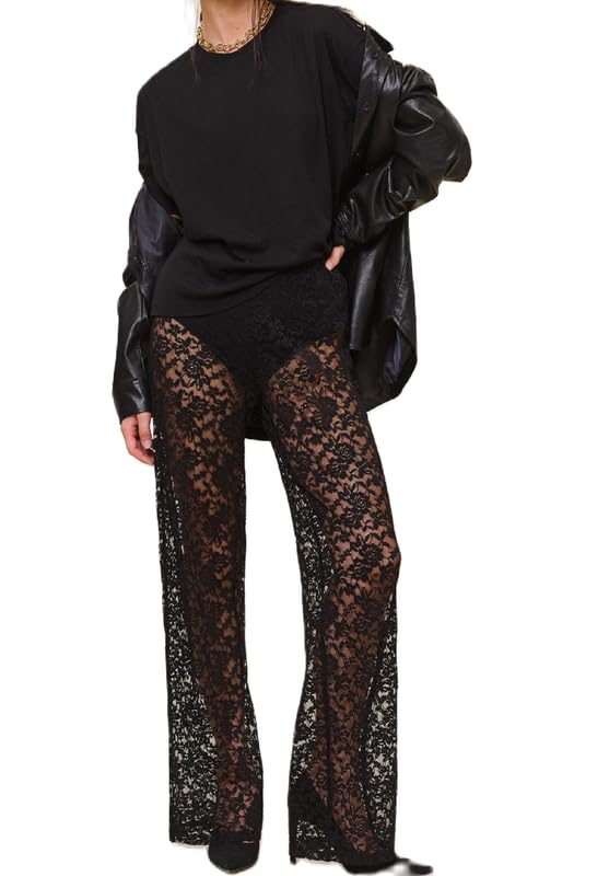 Women Lace Tiered Frill Trousers Mesh See Through Ruffle Layered Pants Low Waist Jacquard Lace Wide Leg Trousers