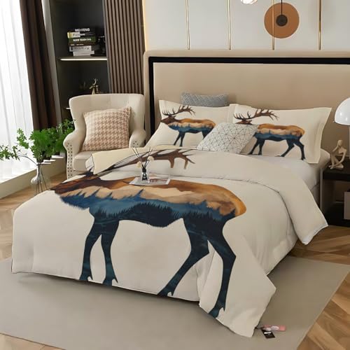 Juego de Funda nórdica con Estampado de Renos de Acuarela, Funda nórdica con Estampado de montañas y Bosque, Juego de Ropa de Cama Ligero y Reversible de 3 Piezas (Doble, 200 x 200 cm)