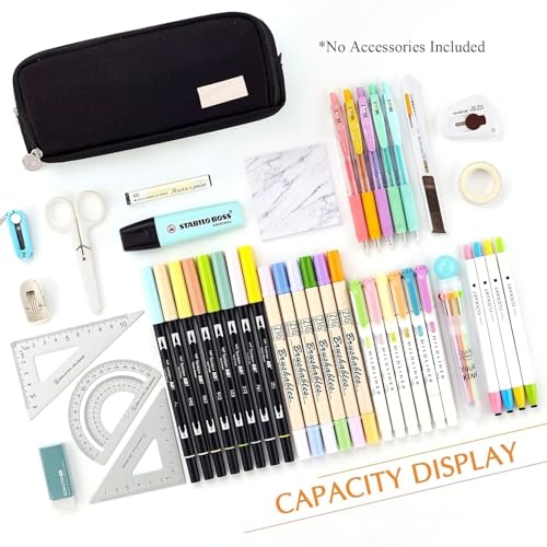 Image of Aesthetic Large Pencil Case 3 Compartments Zipper Pencil Pouch Big Capacity Pencil Bag for Kids Girls Boys Student School Supplies Oxford Organizer Cosmetic Makeup Pouch (Black)