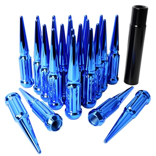 9/16-18 Spiked Lug Nuts, 3/4" Hex Closed End Nut with 1 Socket Key, Wheel Spiked Lug Nuts for Dodge Ram 1500 2500 3500, Ford F250 F350, Fit for Aftermarket Wheel (24Pcs,Blue)