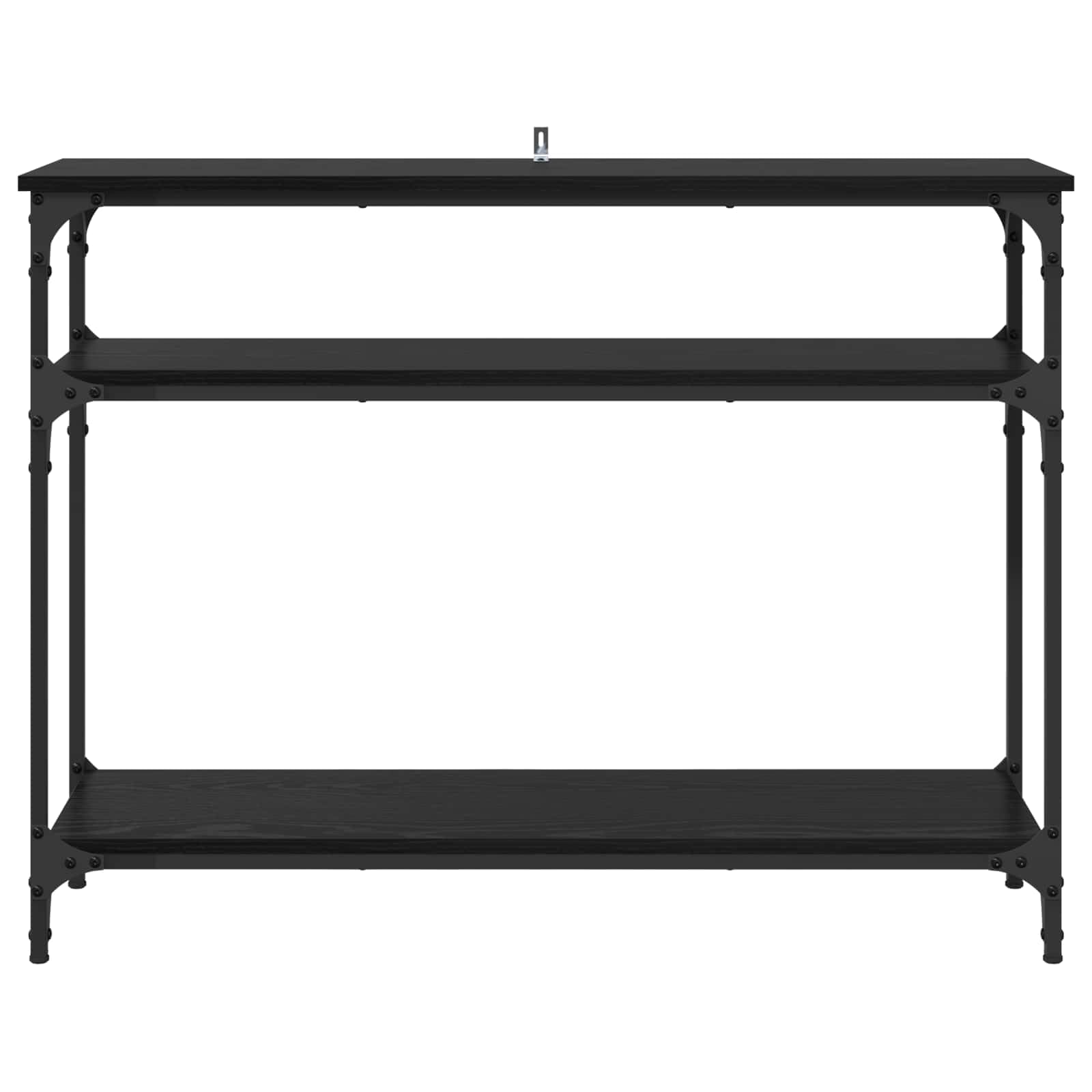 Stolik konsolowy z regałem o wyglądzie czarnego dębu, 100 x 29 x 75 cm, wykonany z materiału drewnopochodnego z metalową ramą, zajmuje mało miejsca, do salonu, korytarza, biura, miejsca do