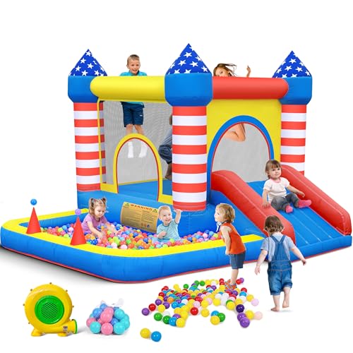 Culaluva Inflatable Bounce House: Bouncer Bouncy Castle 5 in 1 with Ball Pit & Slide for Kids Aged 3-8 - with 370W Blower & Storage Bag - Indoor Outdoor Play Stripes Style