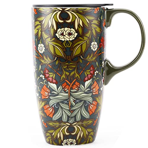 DUSVALLY Grande tasse à café en céramique avec couvercle - Grand mug en porcelaine pour latte ou thé - 500 ml - Vert