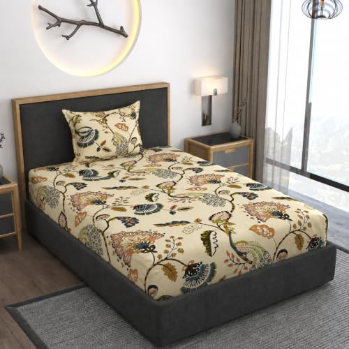 Image of Vaini Premium Heavy Cotton Elastic Fitted Bedsheets with 1 King Size Pillow Covers || Single Bed with All Around Elastic 350 TC || 36 x 78 x 6 Inch Single Size Fitted || :- Jaipuri Peacock