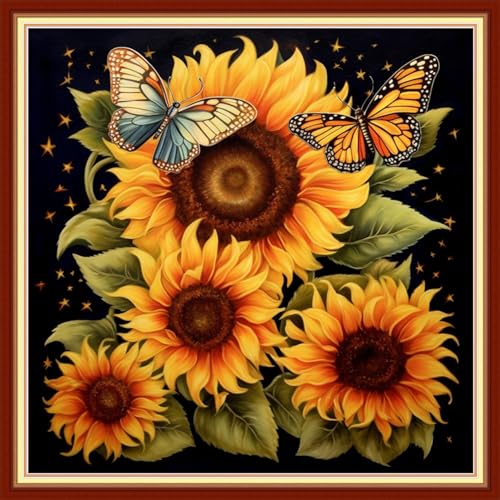 Image of Disxvivy Cross Stitch Stamped Full Embroidery Kits DIY 11CT Cotton Thread Printed DIY Needlepoint Kits Craft Needlework Set Cross-Stitch Stamped Sets-Sunflower Butterfly 18x18 inch