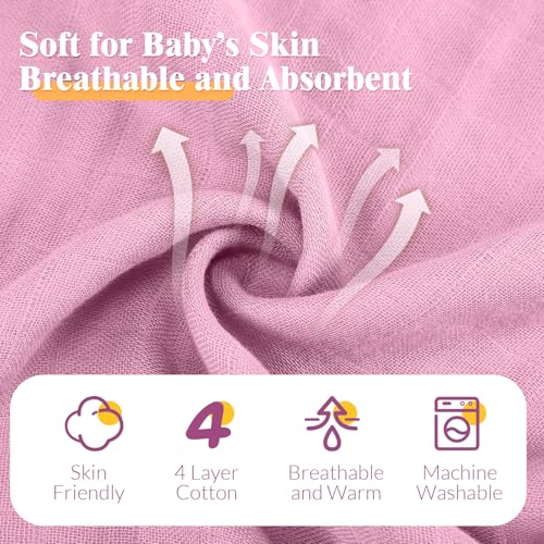 Image of Preboun 6 Pcs Muslin Hooded Baby Towels and Washcloths 32 inchx 32 inch Cotton Newborn Bath Towel Anti-Shrink Infant Baby Blankets with Hood 12 inchx 12 inch Washcloths for Girl Boy Toddler(Rose Red,Pink)