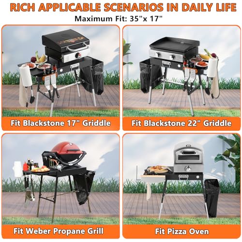 Foldable Portable Grill Table Fits 17" Or 22" Blackstone Griddle Stand, Ninja Grill Stand: Adjustable Leg with Trash Holder Perfect Blackstone Stand Accessories for Outdoor Cooking Camping