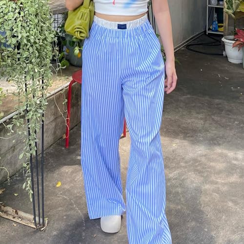 VISGOGO Womens Striped Blue Linen Pants Women Wide Leg Trousers Straight Elastic High Waist Loose Fit Y2K Fashion Pants3