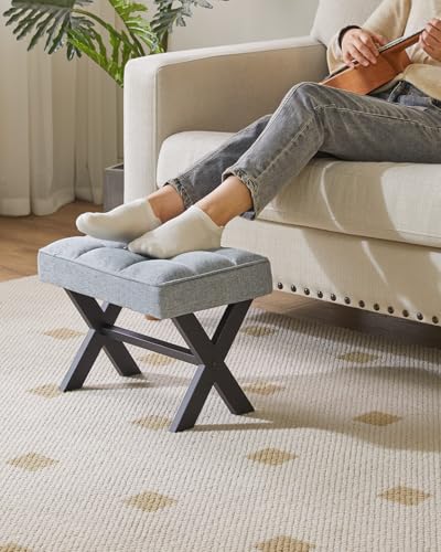Image of IBUYKE Small 12 inch H Footrest, Square Linen Step Stool, Blue Gray WBD011L | Foot Stool Metal X-Leg Multi-Use Small Side Table Living Room Bedroom Entryway Office