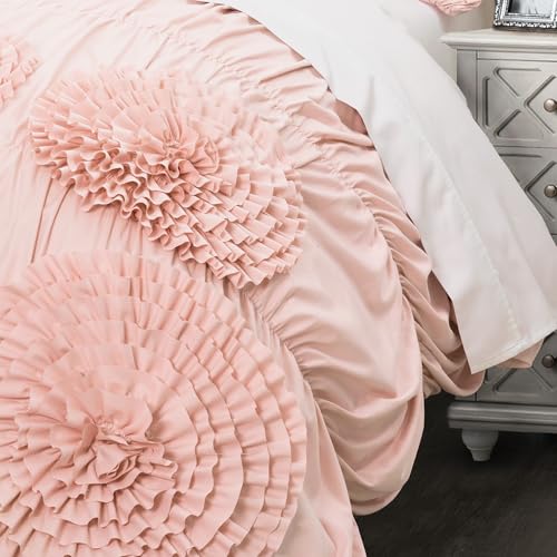 Image of Lush Decor Serena Comforter Set, 3 Piece Set, King, Blush - Ruched Ruffled Flower Design - Romantic Ruffle Bedding Set - Vintage Glam & Farmhouse Bedroom Decor