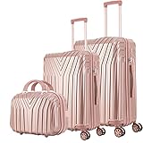 Juego de Maletas x3, Equipaje de Viaje Mediano (66x42x25cm) + Valija Cabina de Mano (55x37x20cm) + Neceser Rígido, Material ABS+PC, Ruedas Silenciosas 360º Giratorias (Oro Rosa)