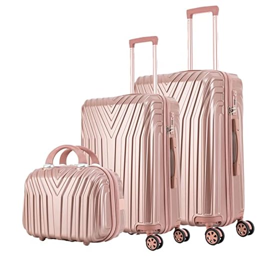 Juego de Maletas x3, Equipaje de Viaje Mediano (66x42x25cm) + Valija Cabina de Mano (55x37x20cm) + Neceser Rígido, Material ABS+PC, Ruedas Silenciosas 360º Giratorias (Oro Rosa)