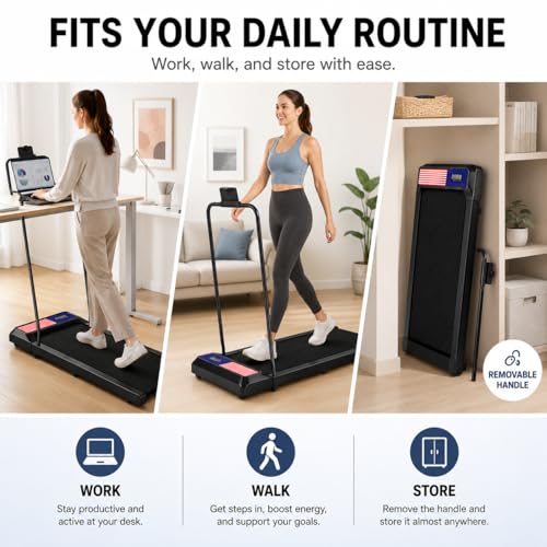 Image of Walking Pad Treadmill with Handle Bar, 8% Incline Under Desk Treadmill | Quiet 2.5HP motor, 265 lb capacity, 0.6-4 MPH speed, 15 x 35.4 in belt, compact for home office and small spaces