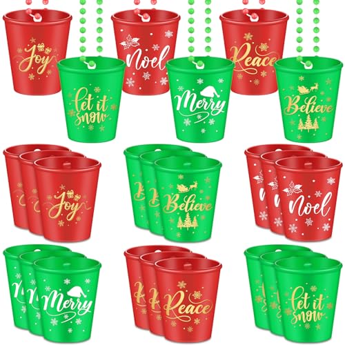 Tigeen 24 Christmas Shot Glass Necklaces Christmas Plastic Shot Cup on Beaded Necklace Red Green Xmas Necklace Cup for Holiday Birthday Party Supplies (Joy)