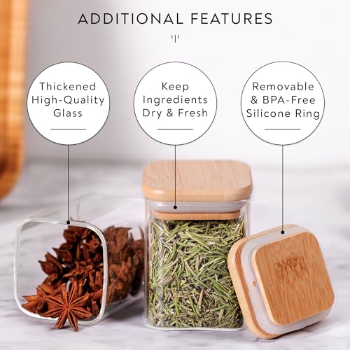Image of TIENER Glass Jars Set, Square Spice Jars With Bamboo Lids And Customized Labels, 8Oz 12 Piece Small Food Storage Containers For Home Kitchen, Spice, Herbs, Seasoning, Seed, Tea, Sugar, Salt,Clear