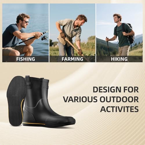 Image of Men's Mid-Calf Waterproof Rain Boots, Wide Calf & Slip-Resistant Rubber Work Boots for Unisex, Garden, Farm, Fishing Shoes All-Weather