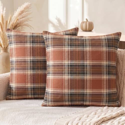 AVOIN colorlife Fall Caramel Brown Plaid Decorative Throw Pillow Covers 18 x 18 Inch Holiday Scottish Tartan Cushion Case Farmhouse Decoration for Sofa Couch Set of 2