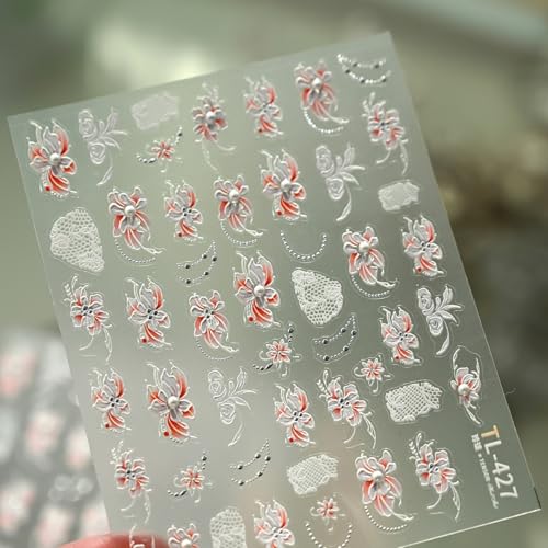 Image of Flower Nail Stickers White Floral Nail Art Stickers with Pearl Design 5D Embossed Self Adhesive Nails Decals Charms for Women Manicure Decoration Acessories 1 Sheets