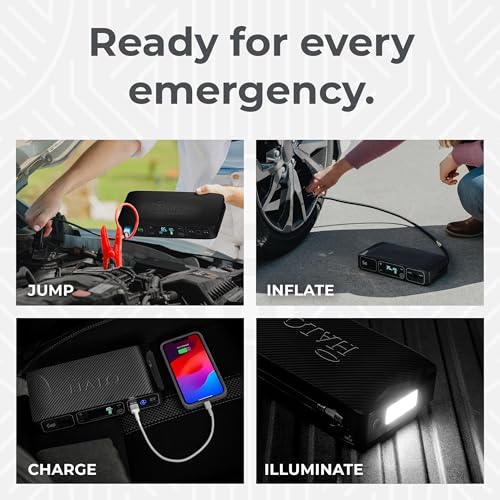HALO Bolt Air 58830 Portable Car Battery Jump Starter | 100 PSI Air Compressor, 58.8Wh USB Power Bank, Emergency Floodlight & Charger, Jumps Cars SUVs & Trucks, Inflates Tires, TSA Approved — Black by HALO - Image 4