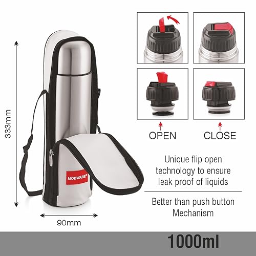 Image of MODWARE Bullet DLX Stainless Steel Double Walled Insulated Vaccum Flask Water Bottle, Rust & Leak Proof Thermos, BPA Free, Hot & Cold Beverages for Upto 24 Hours for Office, Gym, Travel - 500 ML