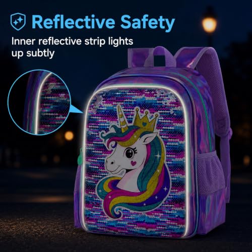 Image of CCJPX 3Pcs Unicorn Backpack, 16 inch Girls Sequin Bookbag with Lunch Box, Kids Water Resistant Elementary School Bag for Kindergarten Preschool Toddler (Purple)