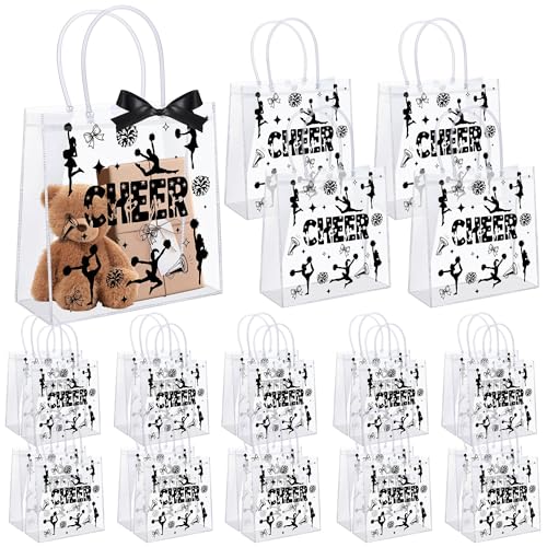 Aodaer 24 Pack Cheer Clear Treat Bags with Handles and 1 Roll Ribbon PVC Gift Bags Cheerleader Goodie Treat Candy Bag for Cheer Team Present Wrap Tote Bags Bulk Cheerleader Party Supplies Black