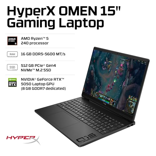 Image of HP HyperX OMEN 15 inch Gaming Laptop, 2K 165Hz Display, AMD Ryzen 5 240, 16 GB RAM, 512 GB SSD, NVIDIA GeForce RTX 5050 GPU (8 GB Dedicated), Windows 11 Home, Shadow Black, 15-gb0099nr
