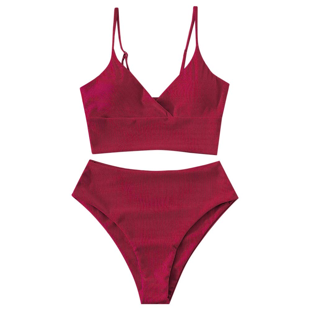ZAFUL Women Tankini Set, Ribbed High Cut Surplice Swimsuit Bathing Suit with Spaghetti Straps (0-Deep Red-Surplice,M)