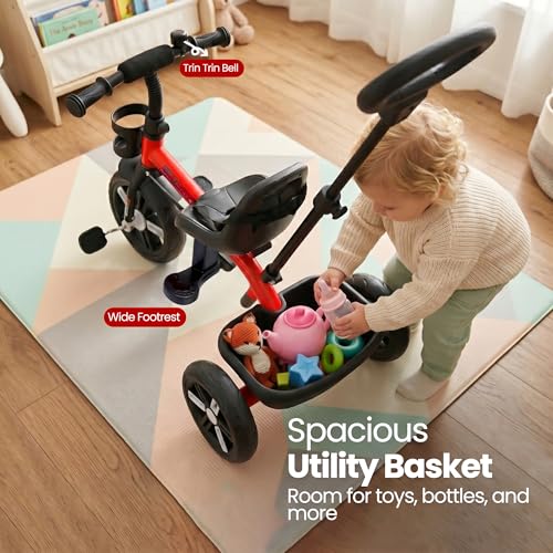 Image of Luusa Elite 500 Kids Tricycle with Parent Push Handle & Safety Seat Belt - Premium 3 Wheel Toddler Cycle with Storage Basket & Comfortable Backrest for 1-4 Years Boys & Girls (Red)